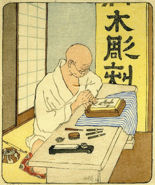 Woodcut by Emil Orlik depicting a Japanese wood engraver