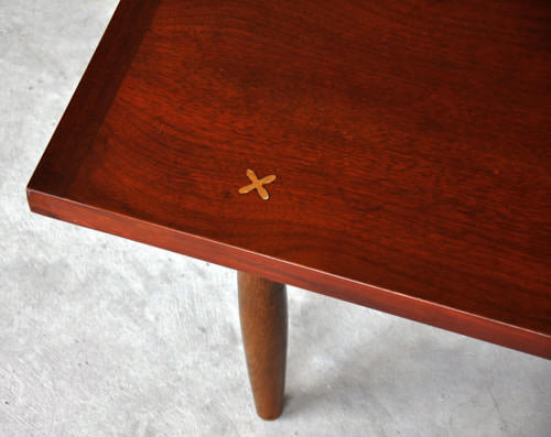 Walnut table fragment with brass inlay